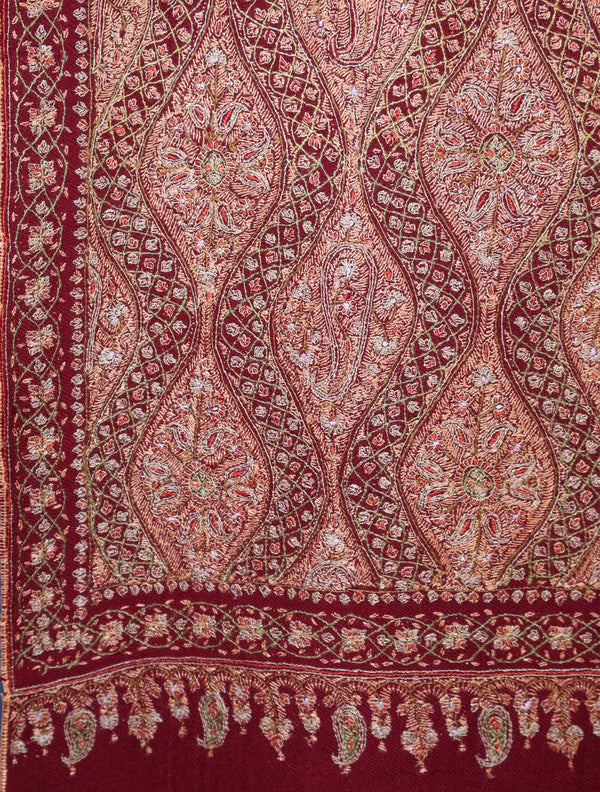 Maroon Color Jamawar Embroidery Pashmina Shawl – detail view