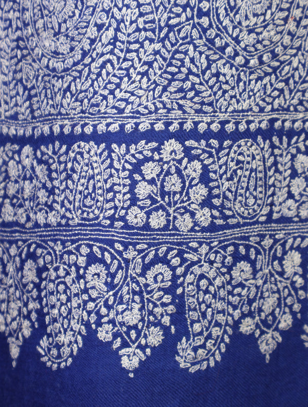Blue Base Jamawar white Embroidery Pashmina Shawl – detail view