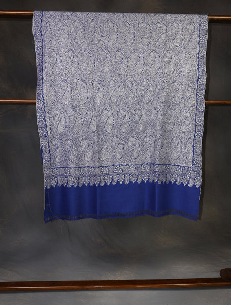 Blue Base Jamawar white Embroidery Pashmina Shawl