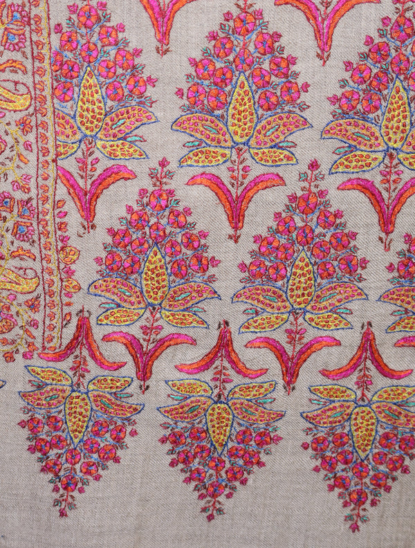 Cream Base Jamawar Pink Embroidery Pashmina Shawl – detail view