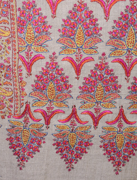 Cream Base Jamawar Pink Embroidery Pashmina Shawl