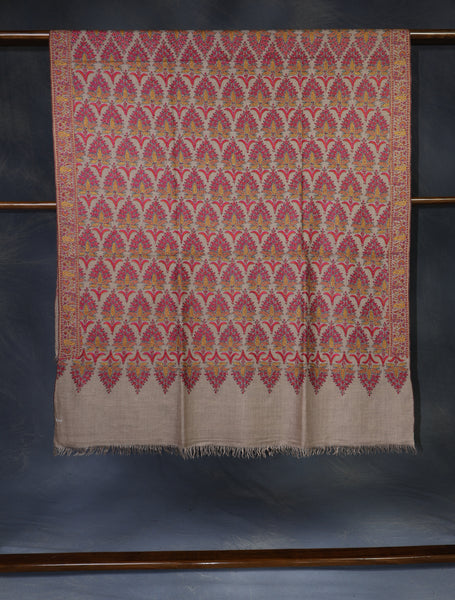 Cream Base Jamawar Pink Embroidery Pashmina Shawl