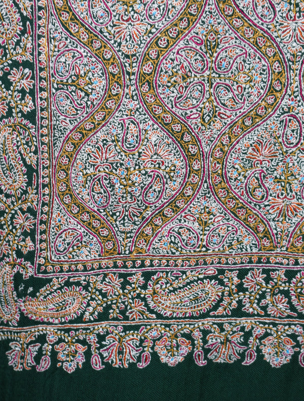 Dark Green Base Jamawar Embroidery Pashmina Shawl – detail view