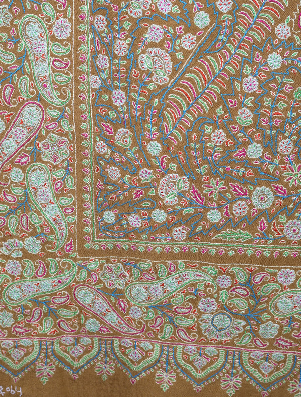 Camel Color Jamawar Embroidery Pashmina Shawl – detail view