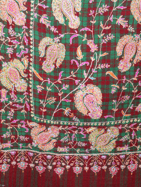 Maroon and Green Checked Base Jamawar Embroidery Pashmina Shawl