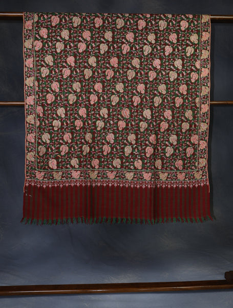 Maroon and Green Checked Base Jamawar Embroidery Pashmina Shawl