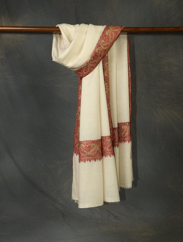 Ivory Base Big Border Embroidery Cashmere Pashmina Shawl — Sozni border embroidery pashmina shawl from Kashmir