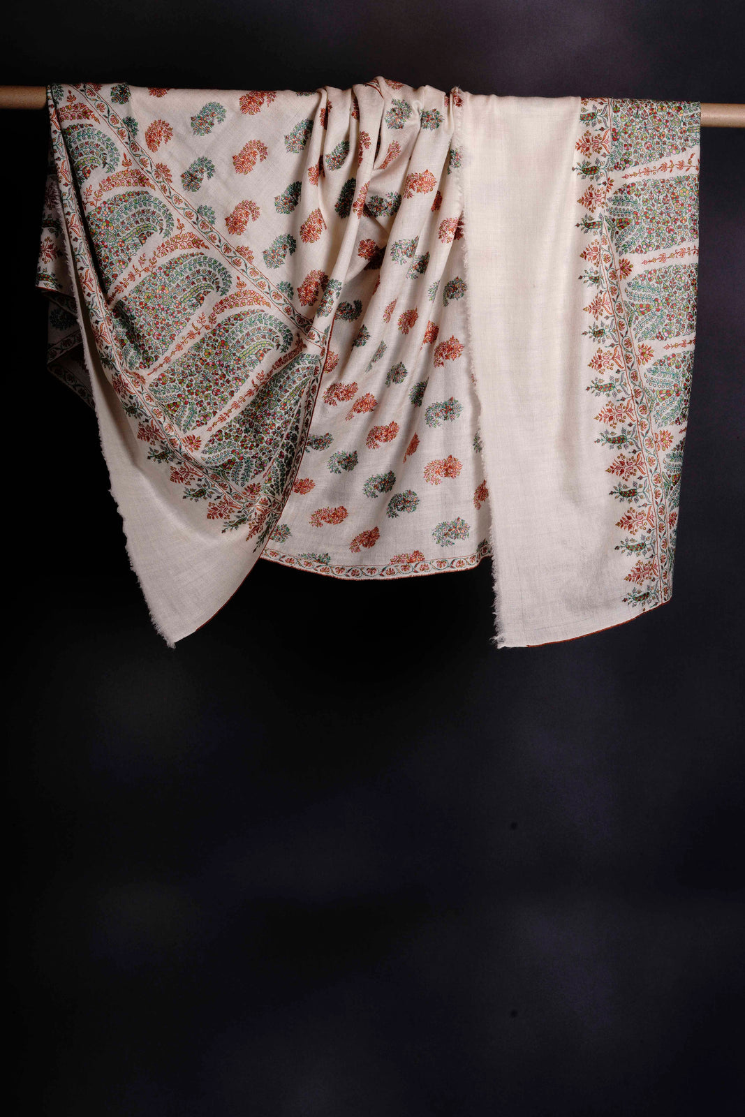 Ivory With Butti and Big Border Embroidery Pashmina Cashmere Shawl