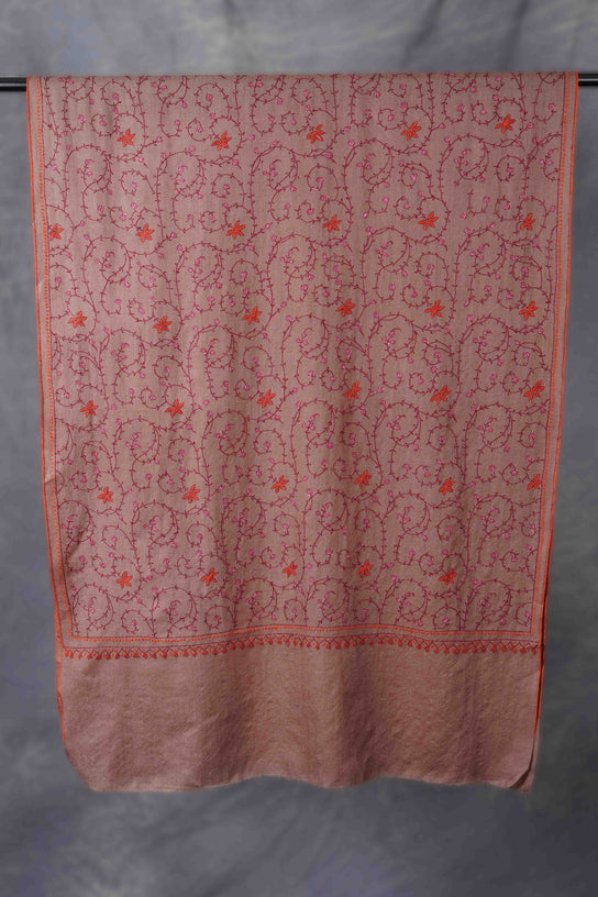 Beige Base Jali Sozni Embroidery Merino Wool Scarf