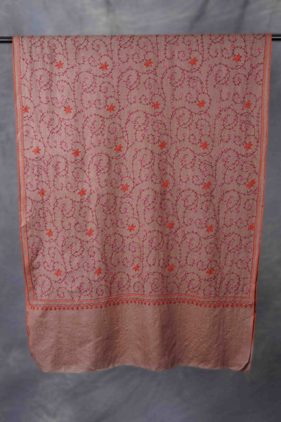 Beige Base Jali Sozni Embroidery Merino Wool Scarf