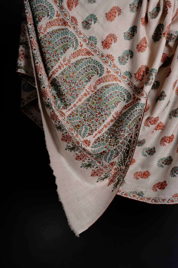 Ivory with Orange and Green Butti-Dar & Big Border Embroidery Cashmere Pashmina Shawl