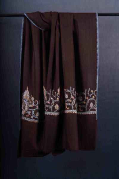 Brown Big Border Sozni Embroidery Merino Wool Scarf