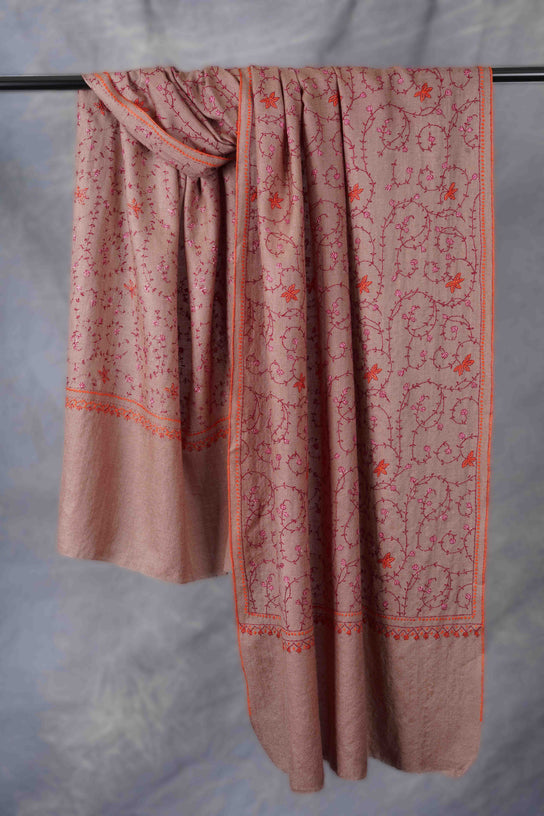 Beige Base Jali Sozni Embroidery Merino Wool Scarf