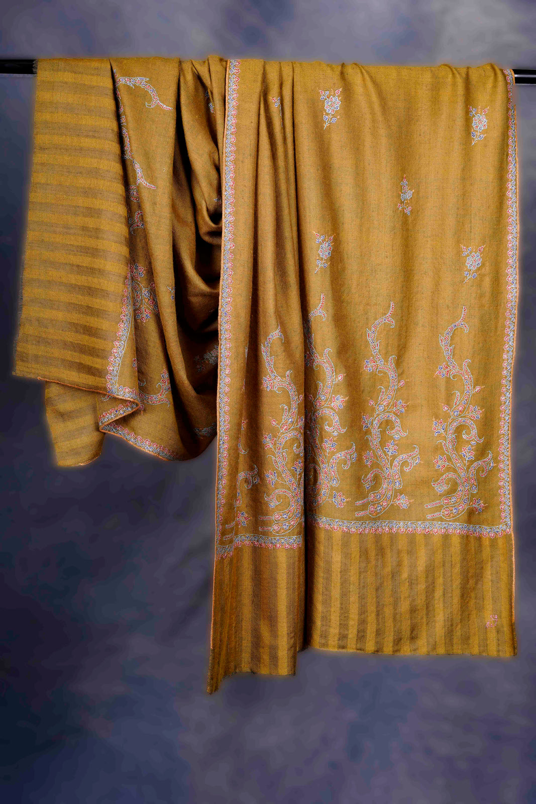 Mustard Big Border With Boteh Embroidery Cashmere Pashmina Shawl