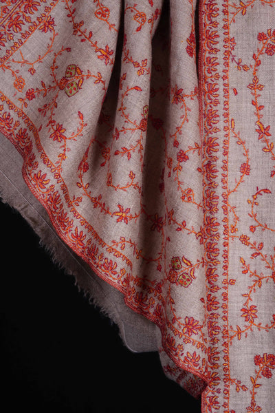 Un Dyed Natural Base Jali Orange Embroidery Cashmere Pashmina Shawl