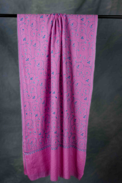 Pink Base Jali Sozni Embroidery Merino Wool Scarf