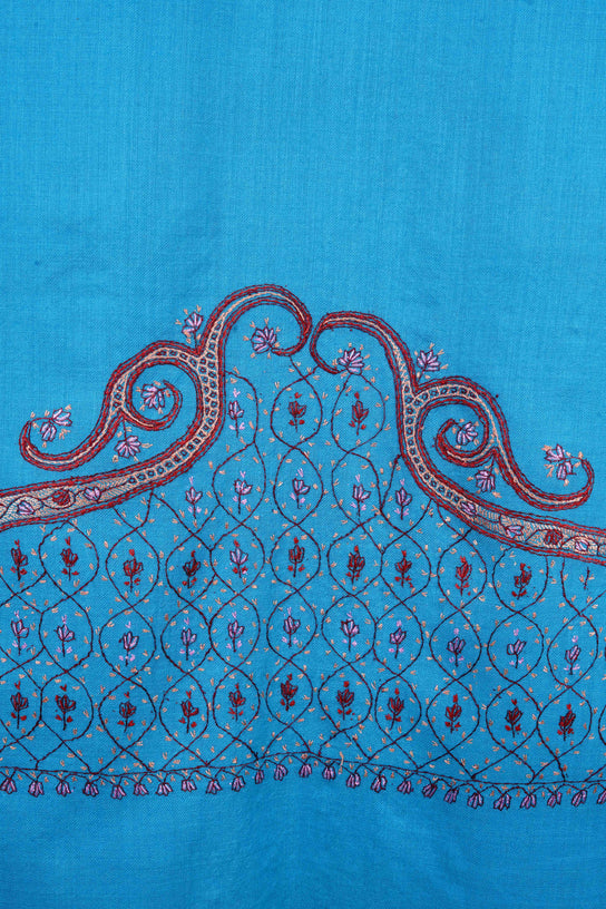 Dodger Blue Border Sozni Embroidery Merino Wool Scarf