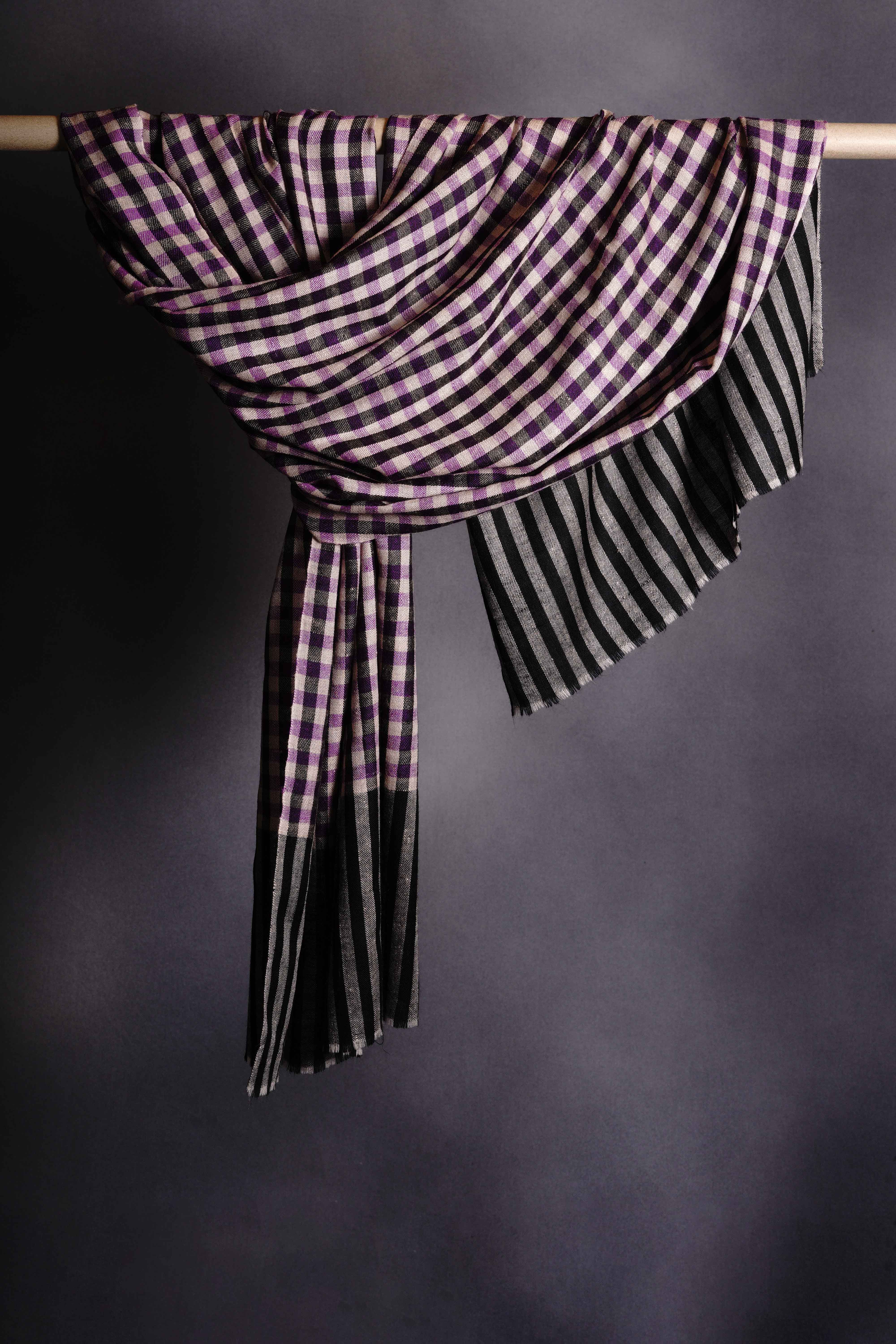Small Check Purple and black Handwoven Cashmere Pashmina Scarf