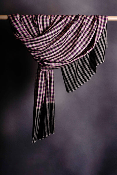 Small Check Purple and black Handwoven Cashmere Pashmina Scarf
