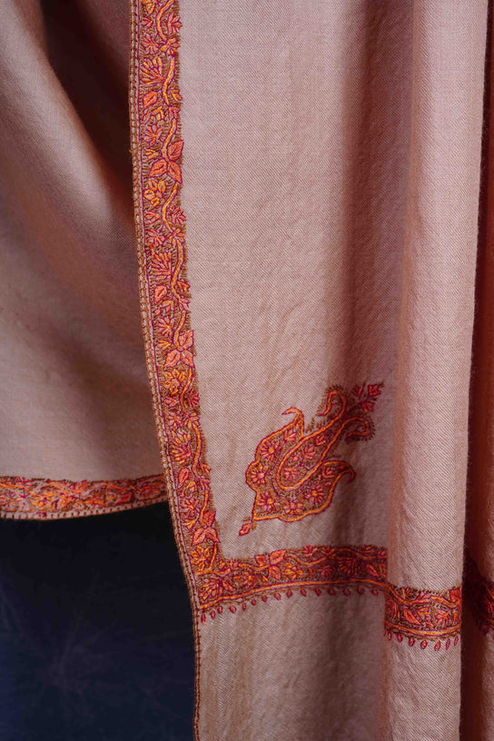 3 yard Light Beige Base With Border Embroidery Merino Shawl