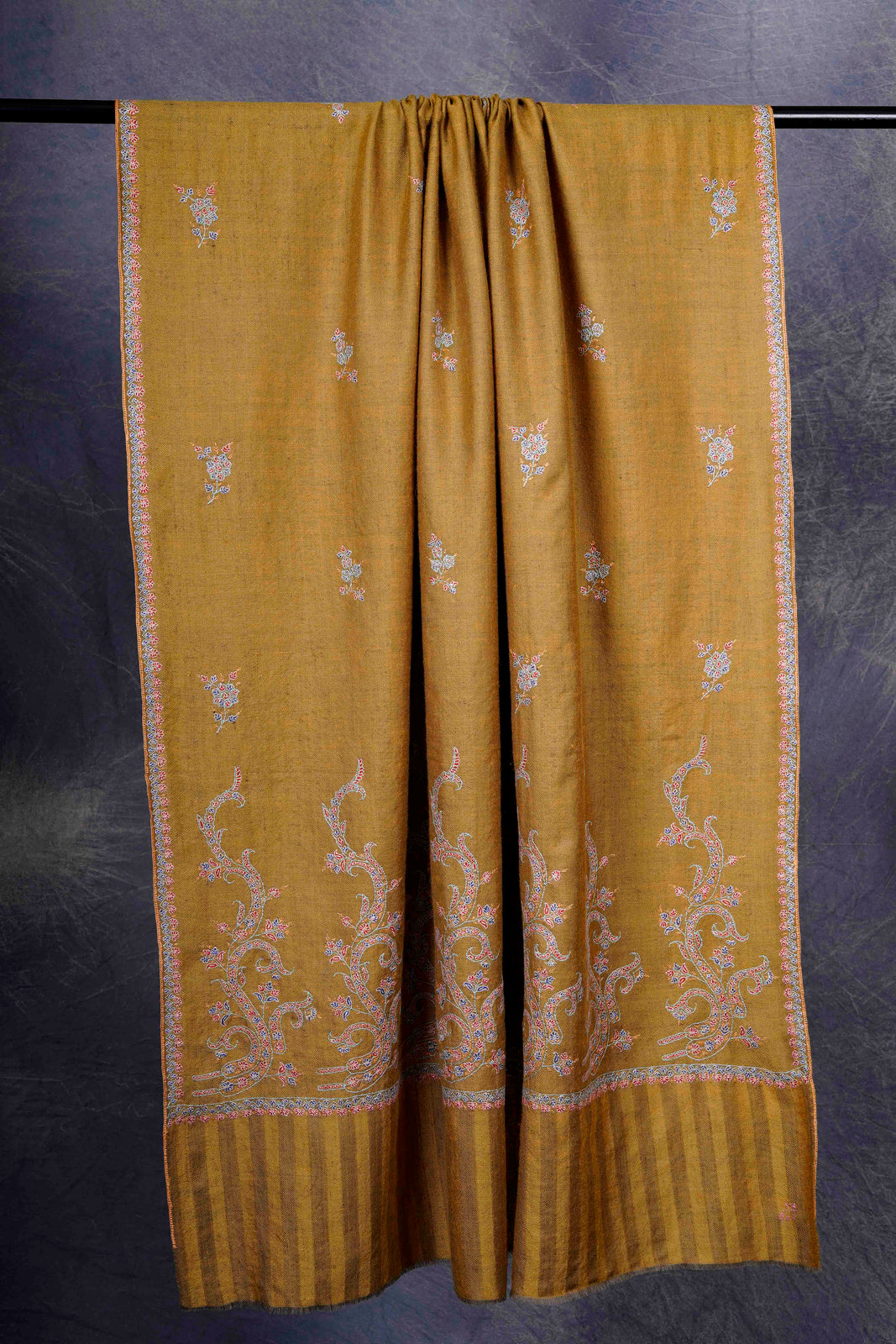 Mustard Big Border With Boteh Embroidery Cashmere Pashmina Shawl