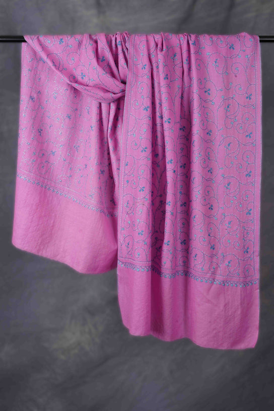 Pink Base Jali Sozni Embroidery Merino Wool Scarf