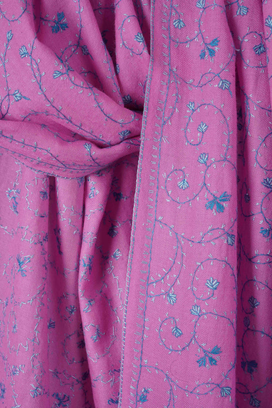 Pink Base Jali Sozni Embroidery Merino Wool Scarf