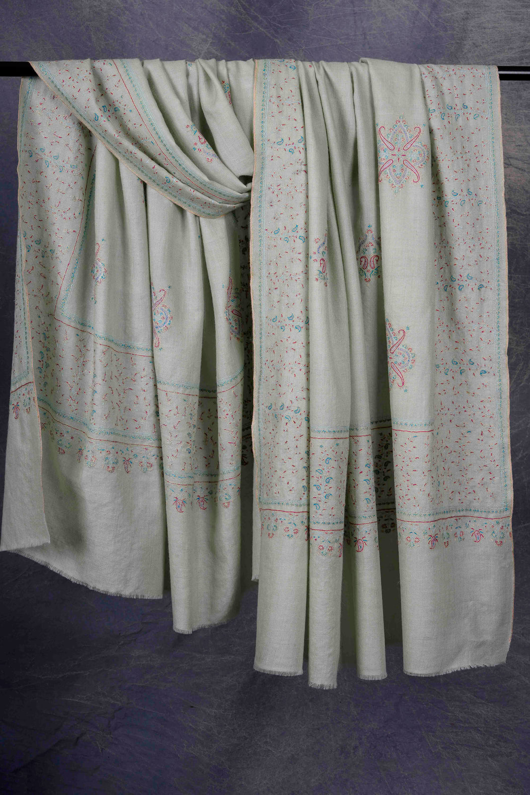 Light Pastel Green Boteh Motifs Embroidery Cashmere Pashmina Shawl