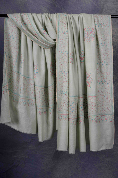 Light Pastel Green Boteh Motifs Embroidery Cashmere Pashmina Shawl