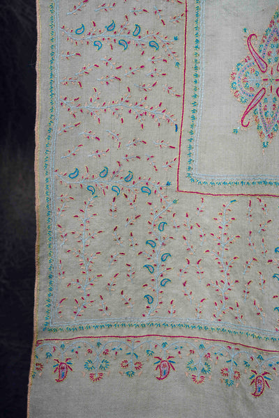 Light Pastel Green Boteh Motifs Embroidery Cashmere Pashmina Shawl