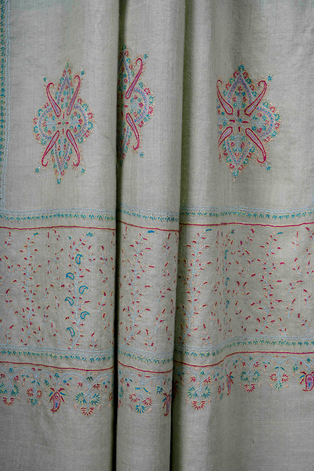 Light Pastel Green Boteh Motifs Embroidery Cashmere Pashmina Shawl