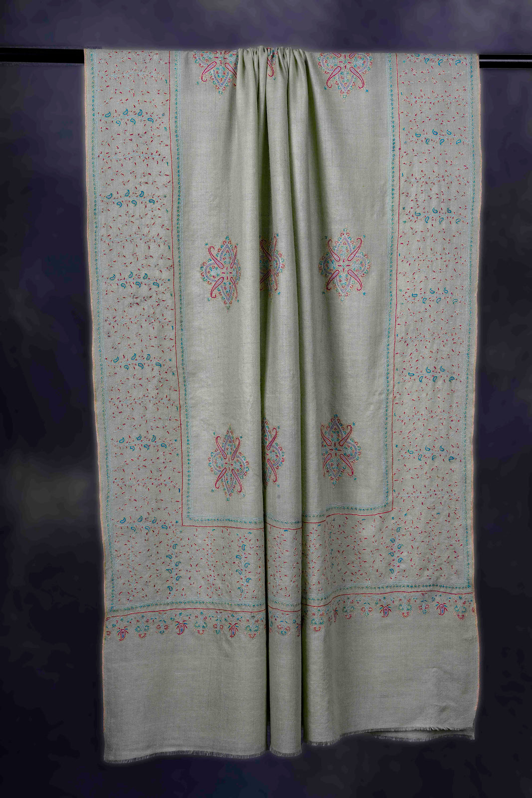 Light Pastel Green Boteh Motifs Embroidery Cashmere Pashmina Shawl