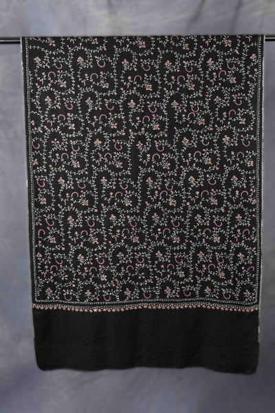 Black Base Jali Sozni Embroidery Merino Wool Scarf