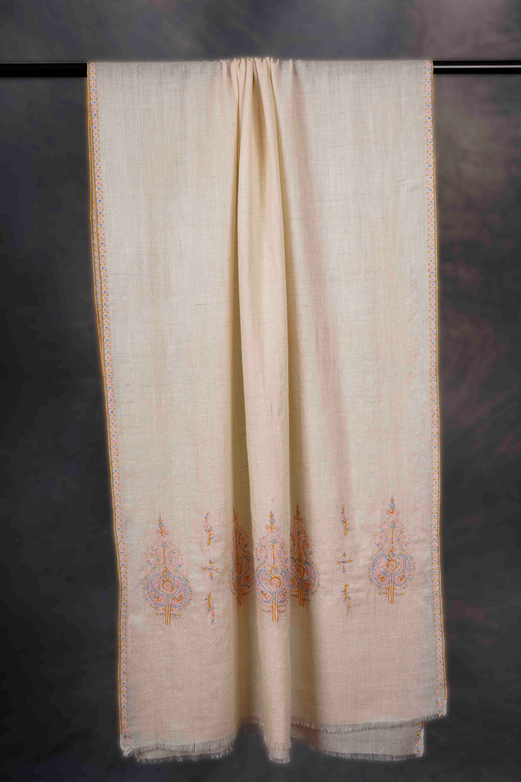 Ivory With Big Buteh Motif Border Embroidery Cashmere Pashmina Scarf