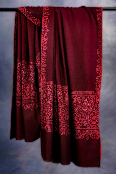 Maroon Big Border Embroidery Cashmere Pashmina Shawl