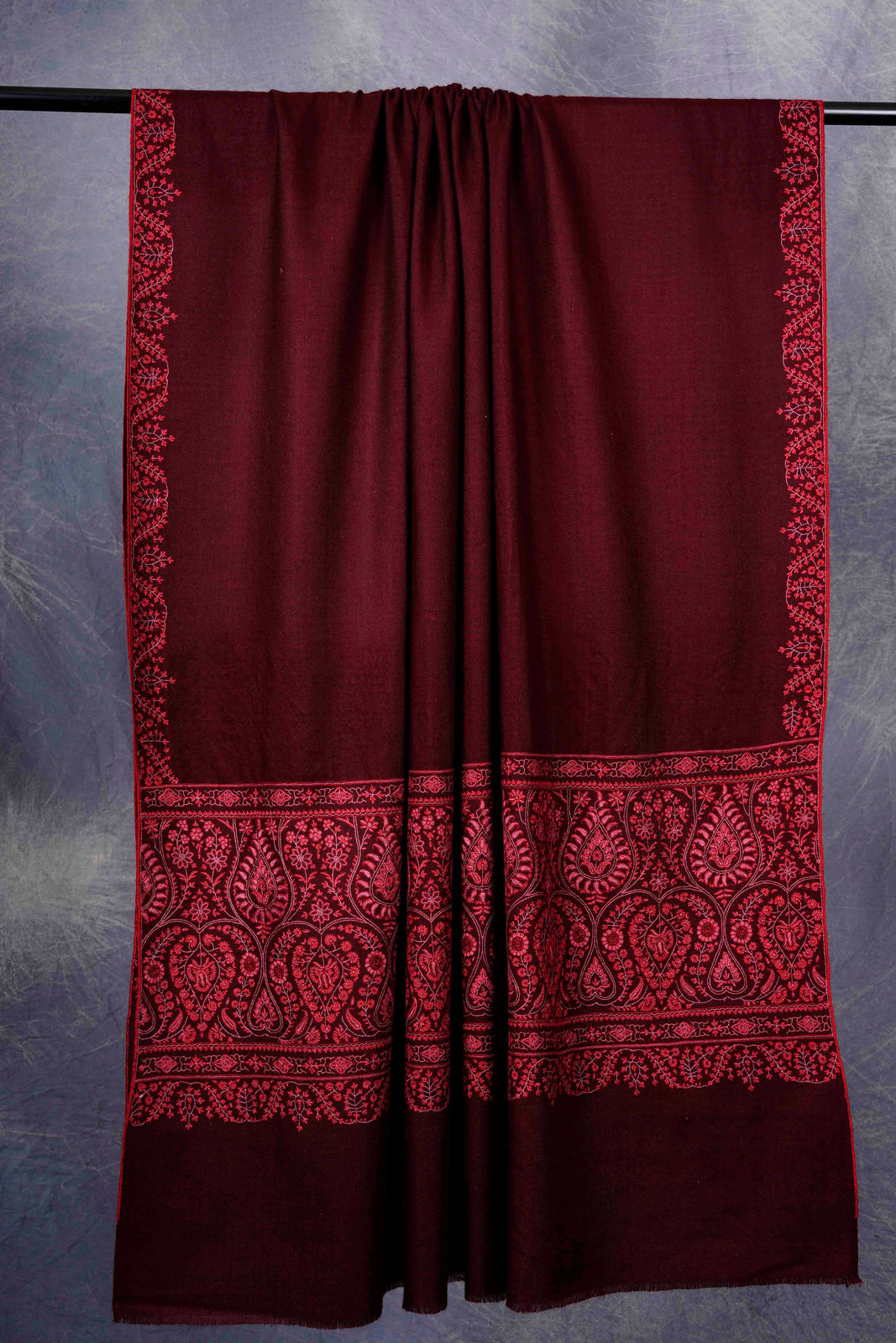 Maroon Big Border Embroidery Cashmere Pashmina Shawl