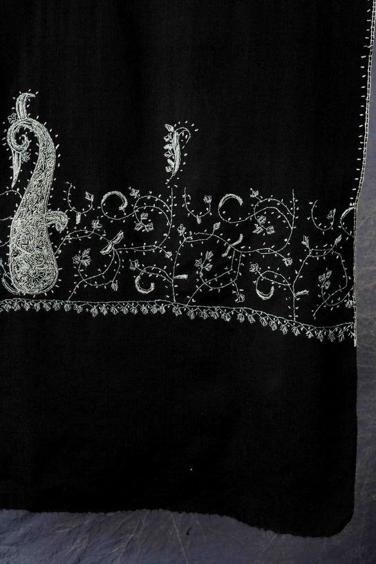 Black Base Big Border Sozni Embroidery Merino Wool Scarf