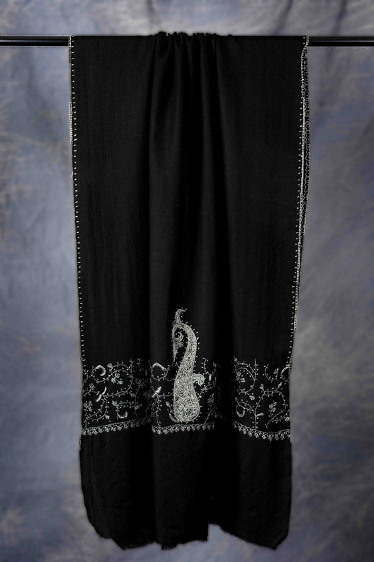 Black Base Big Border Sozni Embroidery Merino Wool Scarf