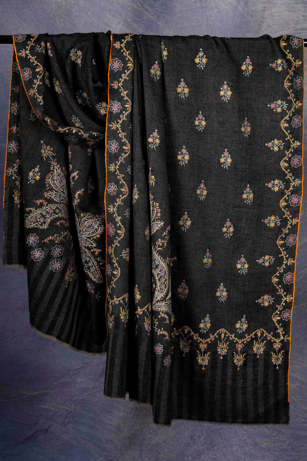 Black Boteh Motif Embroidery Cashmere Pashmina Shawl