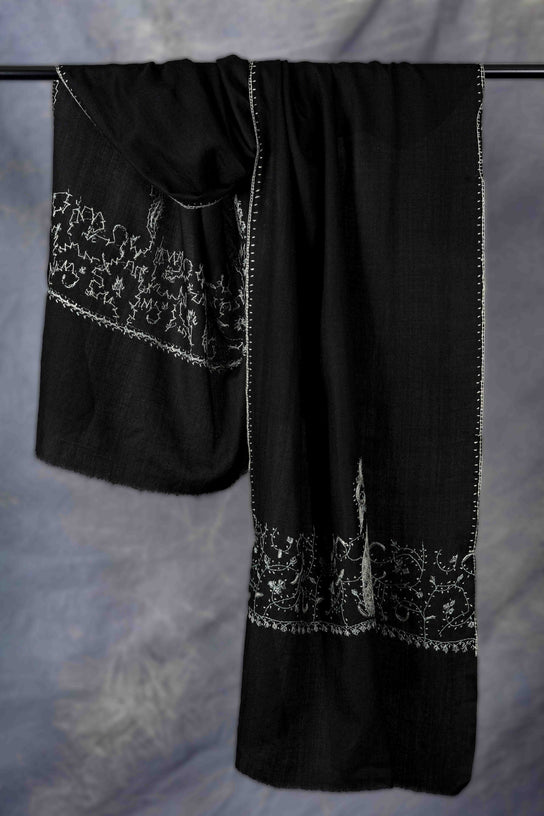 Black Base Big Border Sozni Embroidery Merino Wool Scarf