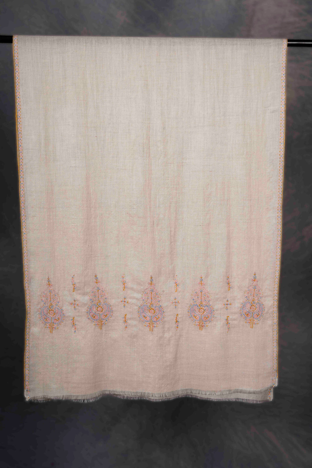 Ivory With Big Buteh Motif Border Embroidery Cashmere Pashmina Scarf