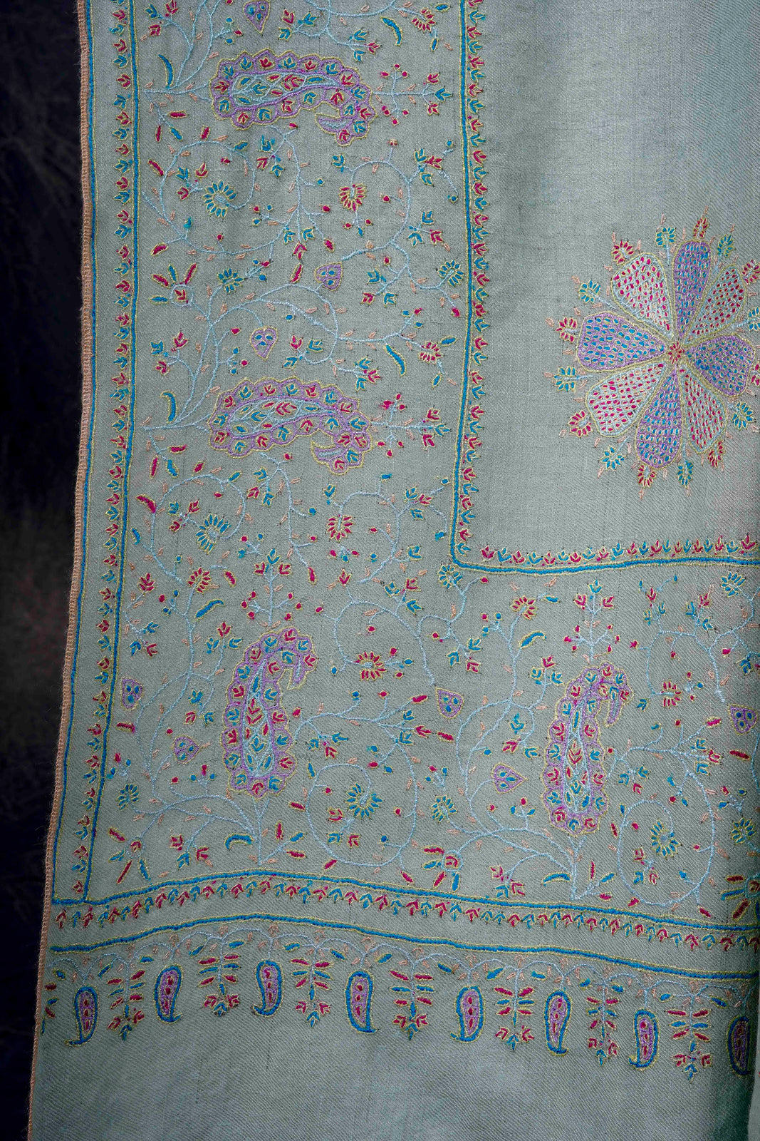 Pastel Green Boteh Motifs Embroidery Cashmere Pashmina Shawl