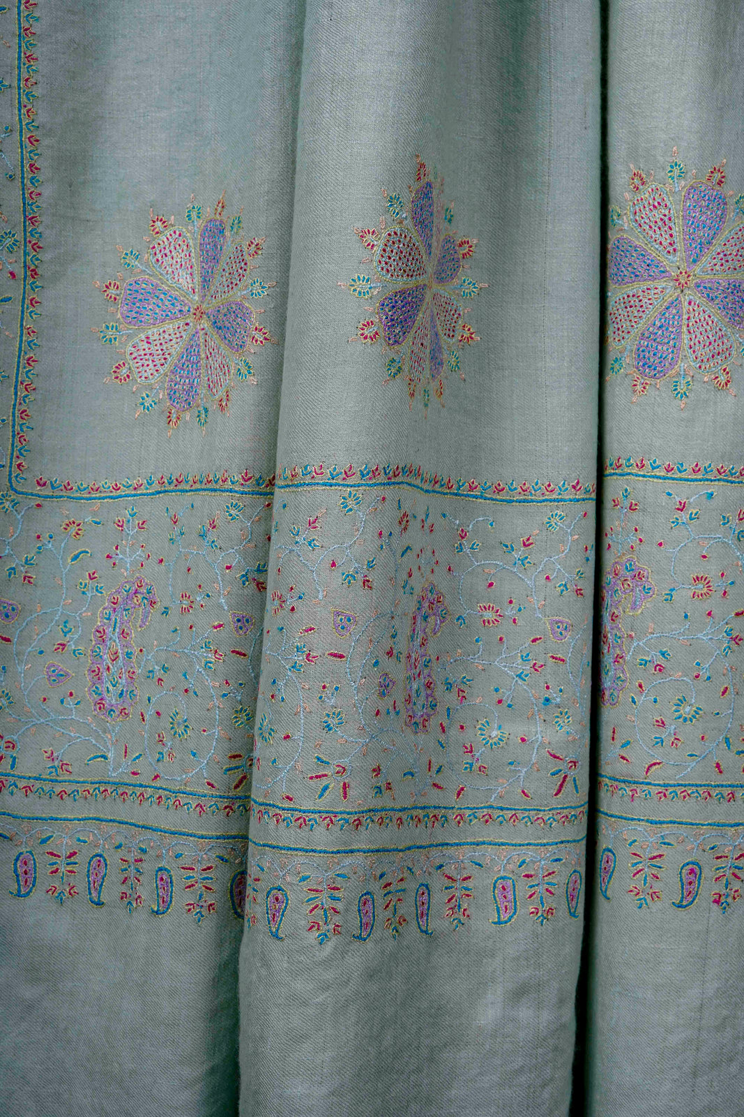 Pastel Green Boteh Motifs Embroidery Cashmere Pashmina Shawl