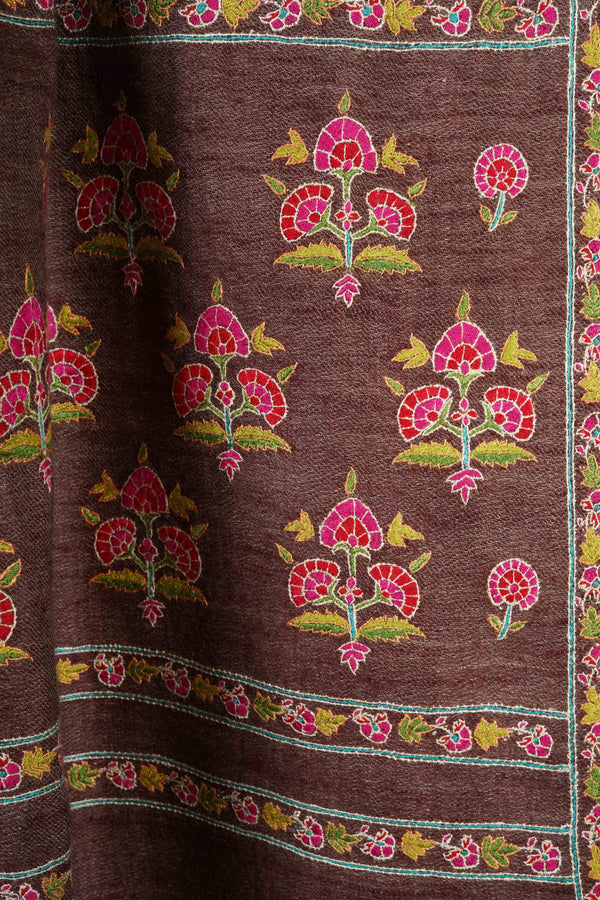 Brown Reversible Big Border Embroidery Cashmere Pashmina Shawl