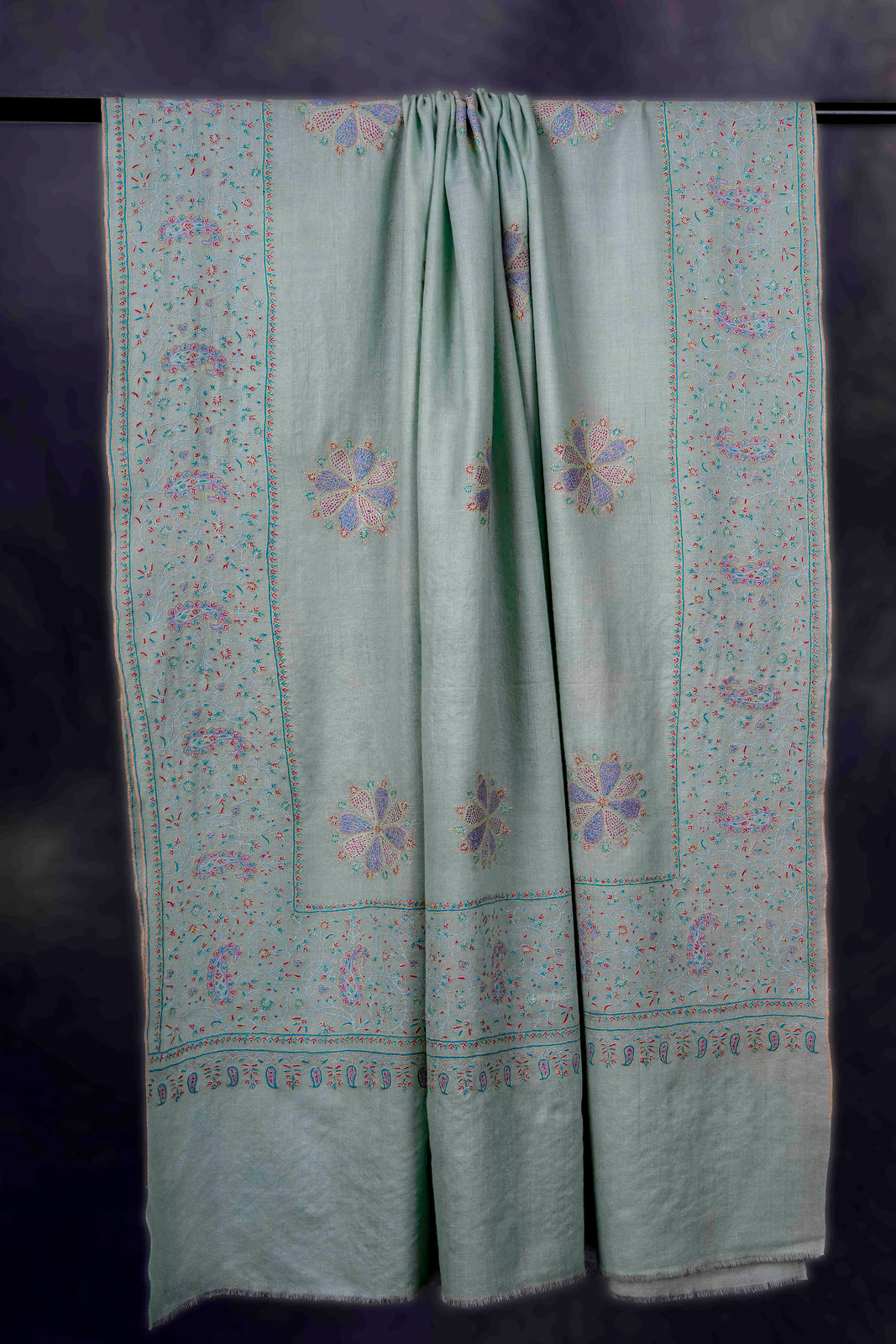 Pastel Green Boteh Motifs Embroidery Cashmere Pashmina Shawl