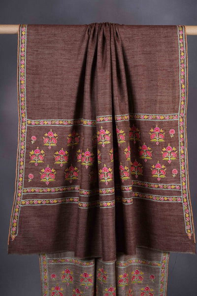 Brown Reversible Big Border Embroidery Cashmere Pashmina Shawl