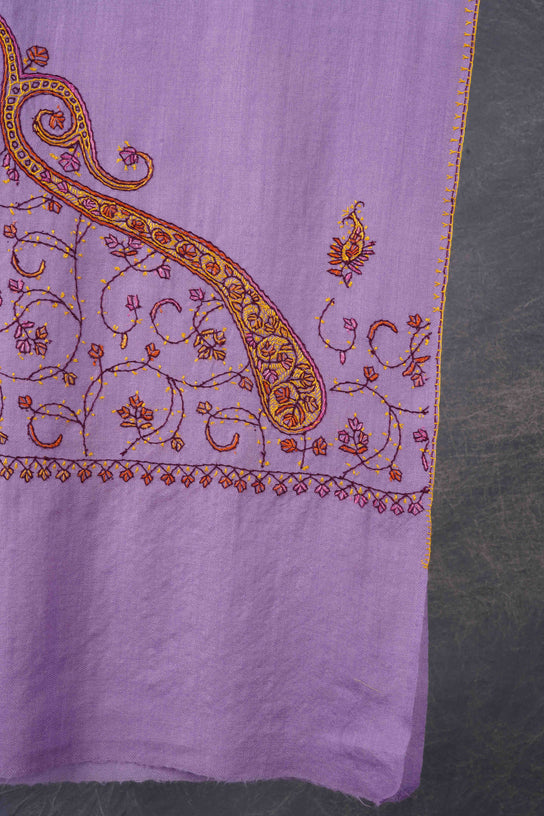 Lilac Big Border Sozni Embroidery Merino Wool Scarf