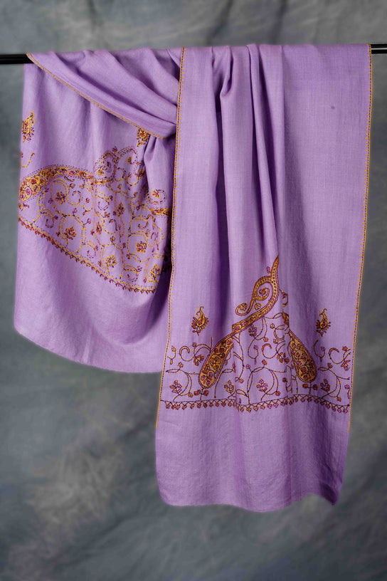 Lilac Big Border Sozni Embroidery Merino Wool Scarf