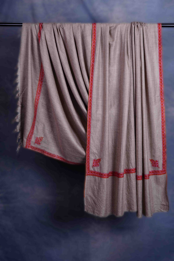 3 Yard Natural Base With Maroon Embroidery Cashmere Pashmina Shawl – detail view