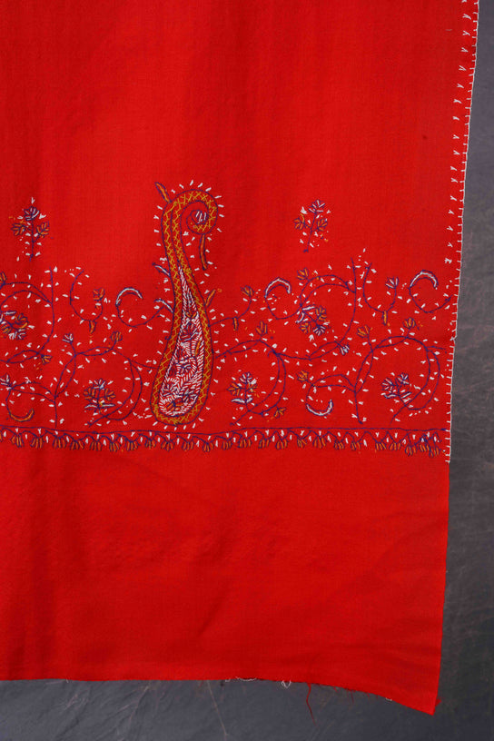 Red Big Border Sozni Embroidery Merino Wool Scarf